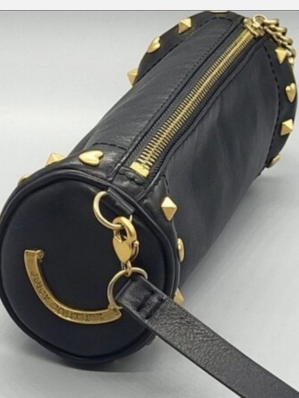 Rare Juicy Couture Y2k Black Genuine Leather Cylindrical Barrel Bag Wristlet